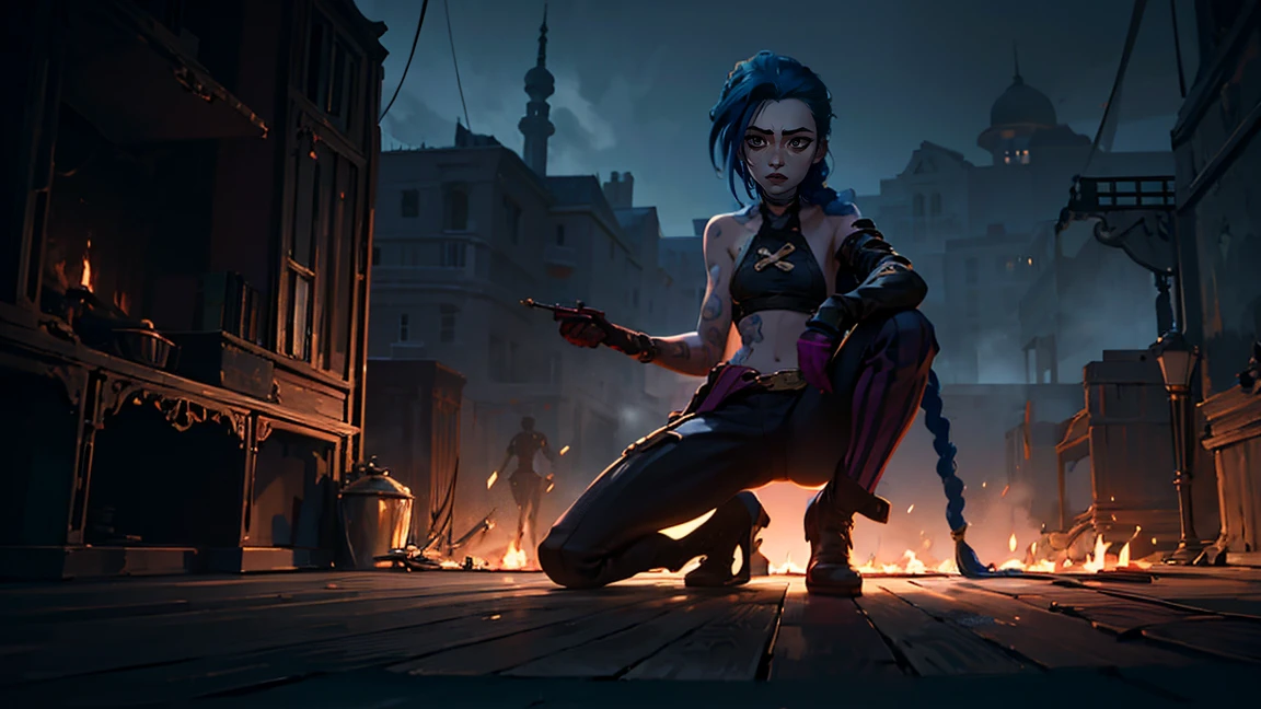 (masterpiece, Best quality), 1 girl, portrait, very sexy, crazy look, smile, crying, pink tears, tears on the cheeks, tears from eyes, full length (full body 1.1.), очень feminine, fighting stance, battle, fire, explosions, burning city, Beautiful waist, gloomy composition, flame, fire, Flash, very beautiful, feminine, long hair, hair braided in long braids, very sexy, tight leather pants, emphasis on the eyes, face accent, Beautiful face, Hands, Hair, Haired ponytail, red purple eyes, Джинкс crying, Blue cloud tattoo, (masterpiece, Best quality), Side lighting, beautiful detailed eyes, crazy face), (Best quality), (masterpiece), magic photography, Spectacular lighting, Photorealism, ultra detailed, интимная portraitная композиция, 1. 4,8 k UHD, aesthetic, Cd., A high resolution, 8 k, better lighting, Best shade, Ultra-HD, A high resolution, sharp focus, Complex background, Cinematic lighting, ((Landscape view)), 4K block, (better lighting), ((Cinematic lighting)),