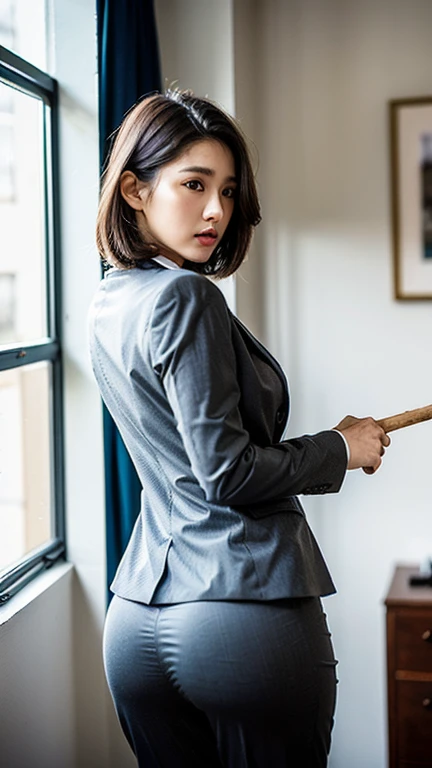 (Highest quality, 8K, 32k, masterpiece, Ultra-high resolution:1.2), One girl, Beautiful Japanese Women, Tight waist, grey suit, Open jacket, office lady, suit, pants, From behind, Office Room, machine,  (Stick your butt out:1.2), Detailed face, short hair, From below, Raise one leg、Big Breasts