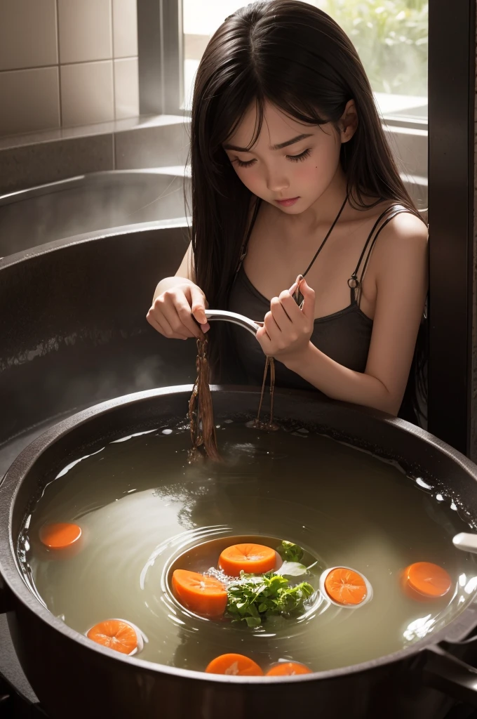 Girl being cooked in a cauldron full of beans while touching her breasts with her hands 