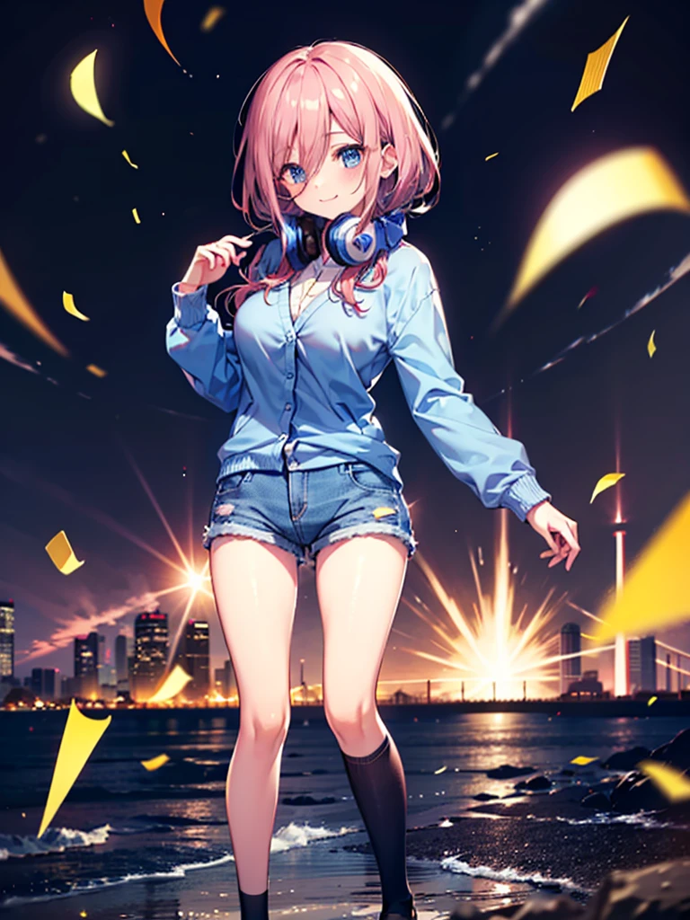 (8K, Highest quality, Highest quality, masterpiece), nm1, headphones around neck, school uniform, long sleeves, blue cardigan, pantyhose, (fullbody), smile, (denim hot shorts), (mini shorts), big breasts, (open legs)