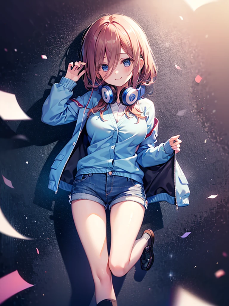 (8K, Highest quality, Highest quality, masterpiece), nm1, headphones around neck, school uniform, long sleeves, blue cardigan, pantyhose, (fullbody), smile, (denim hot shorts), (mini shorts), big breasts, (open legs)