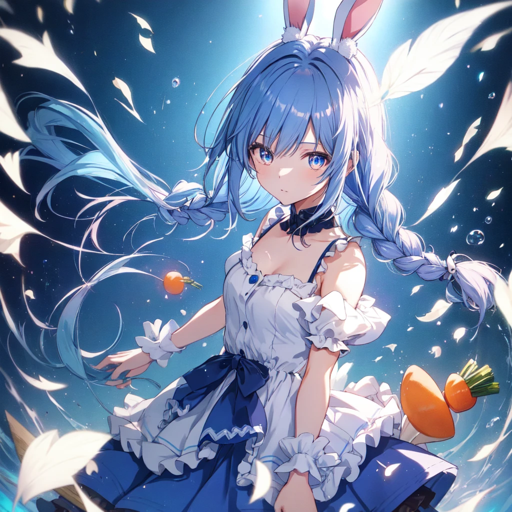 (figure: Used Pekora), bunny girl, blue hair, twin braids, a girl, 独奏, {{masterpiece}}, best quality, extremely detailed CG unity 8k wallpaper, cinematic lighting, lens flare, beautiful detail eyes, side glance, colorful light, particles,