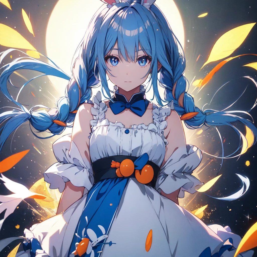 (figure: Used Pekora), bunny girl, blue hair, twin braids, a girl, 独奏, {{masterpiece}}, best quality, extremely detailed CG unity 8k wallpaper, cinematic lighting, lens flare, beautiful detail eyes, side glance, colorful light, particles,