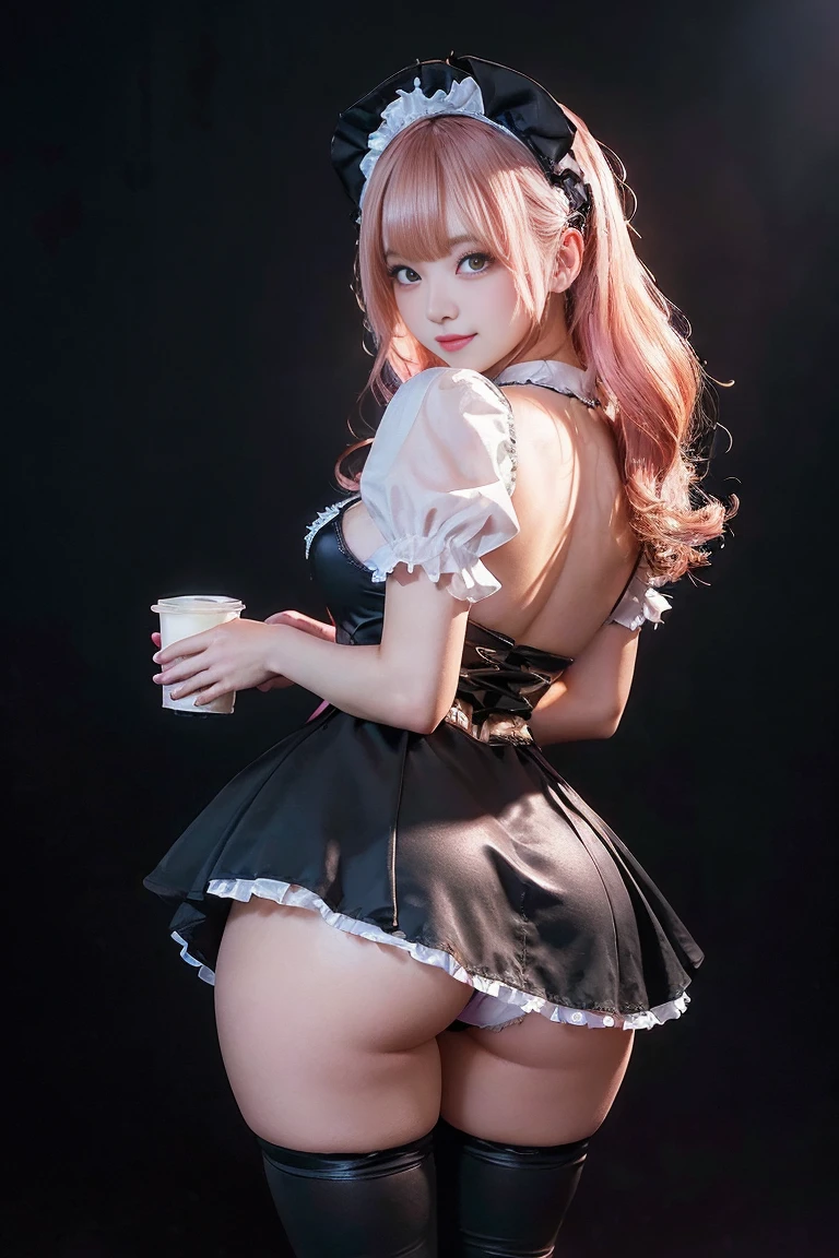 (Highest quality, Super detailed, High resolution, 8K images),、(Sexy maid), (Fantasy Costume，Cute details，wide chest:1.5), (Pink Milk Tea Hair)、,She has a cheerful personality，Cute Smile.(large and impressive eyes, Long eyelashes), ,The skirt flips up and the underwear is visible, ,((Show me your)), ((Stick your butt out)),(Squat with legs apart), Fine and beautiful eyes,Perfect Proportions,(Overflowing big),(A full-body shot from behind), Very beautiful and cute girl,22 years old,(anime),Kamimei, Pitch black background,(Solid black background),alone,
