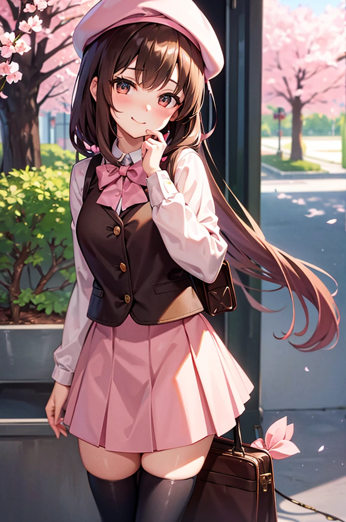 brown hair girl、light pink beret, polite, a smirk、Cute miniskirt、Cherry blossoms