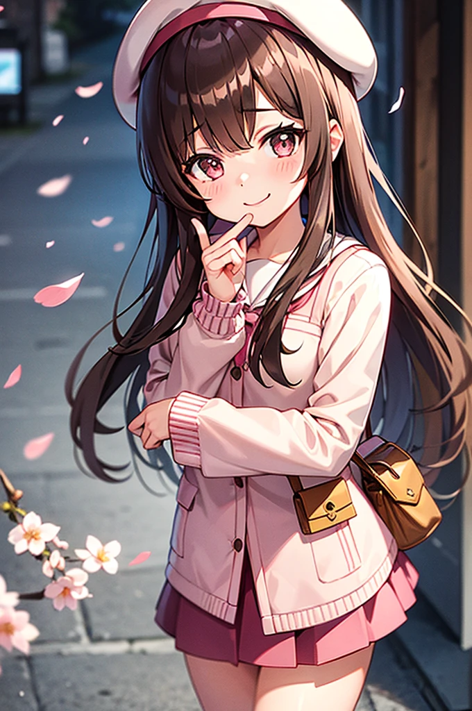 brown hair girl、light pink beret, polite, a smirk、Cute miniskirt、Cherry blossoms