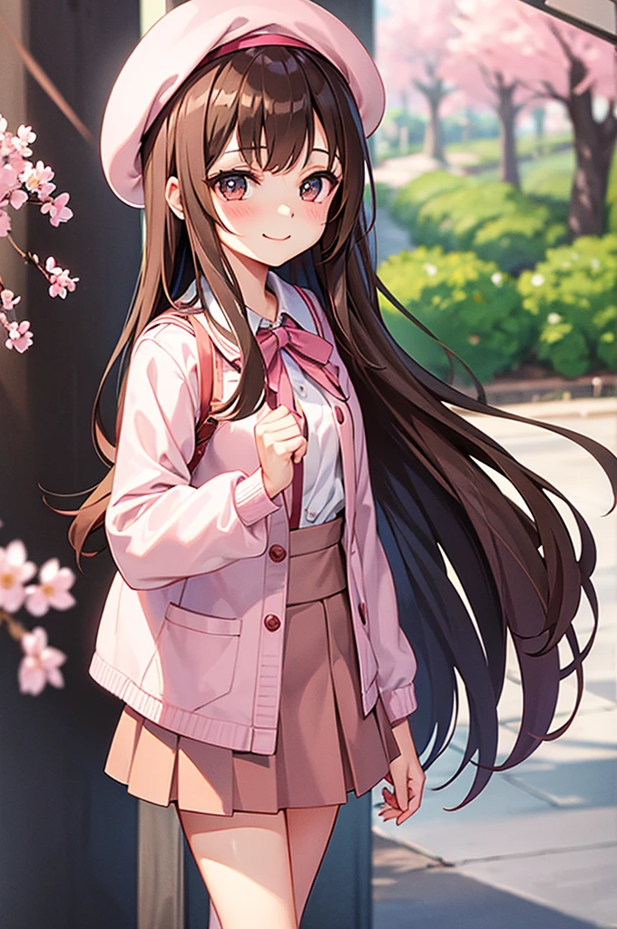brown hair girl、light pink beret, polite, a smirk、Cute miniskirt、Cherry blossoms