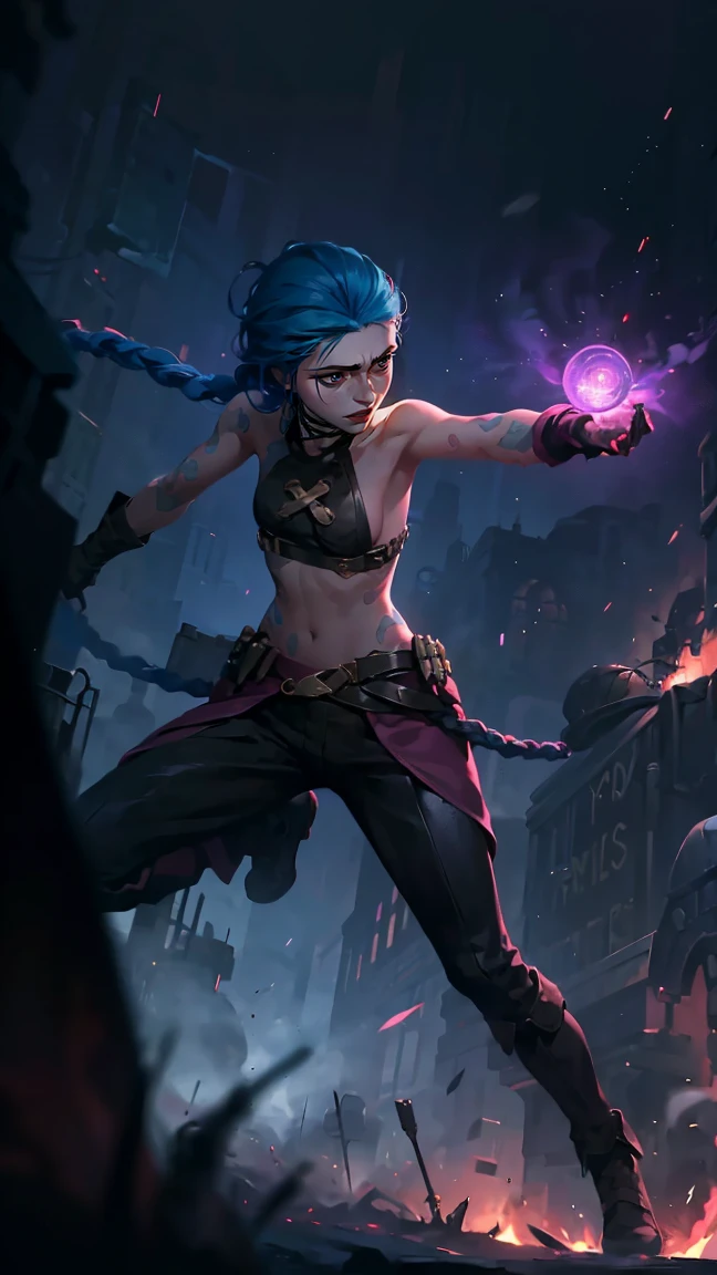 (masterpiece, Best quality), 1 girl, portrait, very sexy, crazy look, smile, crying, pink tears, tears on the cheeks, tears from eyes, full length (full body 1.1.), очень feminine, fighting stance, battle, fire, explosions, burning city, Beautiful waist, gloomy composition, flame, fire, Flash, very beautiful, feminine, long hair, hair braided in long braids, very sexy, tight leather pants, emphasis on the eyes, face accent, Beautiful face, Hands, Hair, Haired ponytail, red purple eyes, Джинкс crying, Blue cloud tattoo, (masterpiece, Best quality), Side lighting, beautiful detailed eyes, crazy face), (Best quality), (masterpiece), magic photography, Spectacular lighting, Photorealism, ultra detailed, интимная portraitная композиция, 1. 4,8 k UHD, aesthetic, Cd., A high resolution, 8 k, better lighting, Best shade, Ultra-HD, A high resolution, sharp focus, Complex background, Cinematic lighting, ((Landscape view)), 4K block, (better lighting), ((Cinematic lighting)),