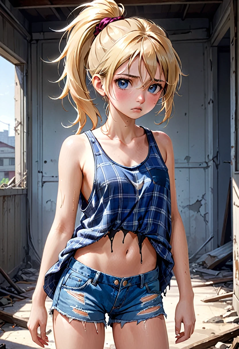 teenage girl, wiry, lean, dirty, grimy, uneven blonde hair with ponytail, wild, untamed, tight dirty tank top, oversized flannel shirt, torn denim shorts