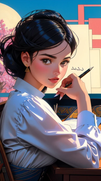 1girl, professional, majestic, extreme close-up shot of a Algerian ([spearmint:Writing desk:2]:1.3) , it is very Relaxing and Detailed, it is inspired by Goblins, it is smooth, elegant, simple tiger print and electric purple background, lush garden and flowers, at Dusk, soft focus, architecture art, (bauhaus art stylized by Ray Eames:1.3) , Rough sketch, Light, Altermodern, natural lighting, 800mm lens, anaglyph filter, sgraffito, dark indigo explosions, highly detailed, Best quality