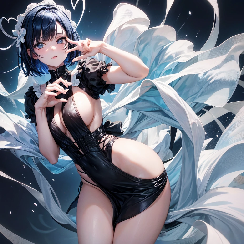 1 2d girl with short blue hair, with a black dress with white panties and white skin color with her hands making a heart sign and with 5 fingers