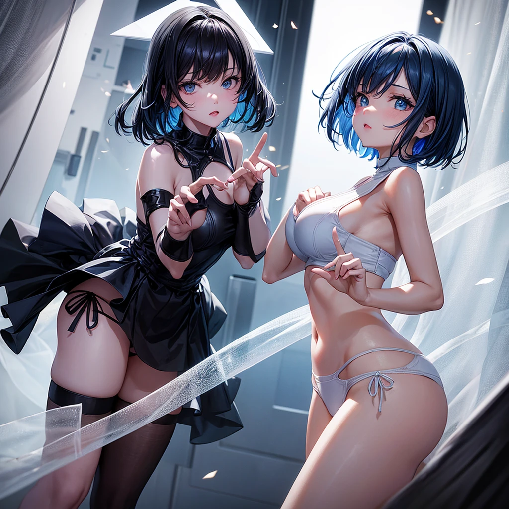 1 2d girl with short blue hair, with a black dress with white panties and white skin color with her hands making a heart sign and with 5 fingers