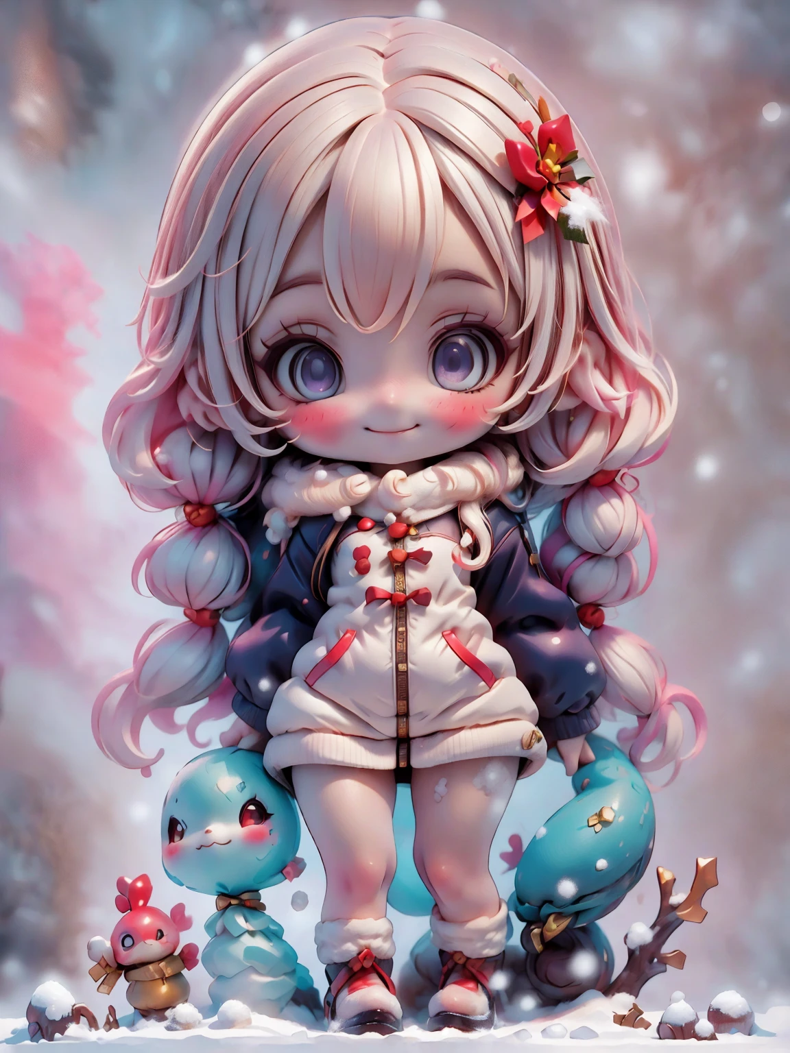 a smiling girl dressed in winter clothes, padded clothes and fur, full body, dynamic poses, it's snowing, snow on the groundultra detailed, 8k, high resolution, best quality, masterpiece, chibi, snake eyes, kawaii eyes, christmas , santa costume, red and white, cheerful expression, snow, winter, kawaii, cute, adorable, high quality rendering, detailed face, intricate details, sharp focus, realistic, photorealistic