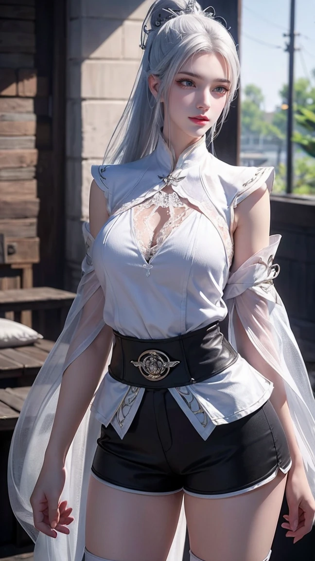 a white hair、Close-up of woman wearing white mask, Beautiful character painting, Guweiz, Gurwitz-style artwork, White-haired god, author:Yang Jie, Epic and beautiful character art, Stunning character art, author:Fan Qi, by Wuzhun Shifan, pixiv art street guweiz, Single ponytail, ??????, High Ponytail, tall and big, Long legs, (Sleeveless lace shirt), (shorts), (Striped )), ((Striped )), Walk, elegant, dignified, woman, Beautiful curves, sweet smile, Strong sense of detail and layering, colour丰富绚丽, Has a unique texture, Colorful, colour, vivid, design art, 16K, Ultra Detailed, {{illustration}}, {Extremely refined}, {Exquisite surface treatment}, Ultra Detailed, Delicate and shining eyes, {{Movie Lighting}}, Extreme lighting effects, Model: Realism, CFG size: 12, Laura: Bright texture (1.35), high quality, masterpiece, Exquisite facial features, Delicate hair depiction, Detailed depiction of the eyes, masterpiece, best quality, Ray Tracing, Extremely detailed CG unified 8k wallpaper, masterpiece, best quality, (1 girl), Perfect woman figure, (((tight white t shirt))), beautiful eyes, (Delicate face), Black short hair, Tie your hair up, Light blue hairpin, Black Silk Frame Glasses, In class, (White skin), (Optimal lighting), (Super intricate details), 4k unity, (Ultra Detailed CG), Showing off her white legs, , Hot Pants, shorts,