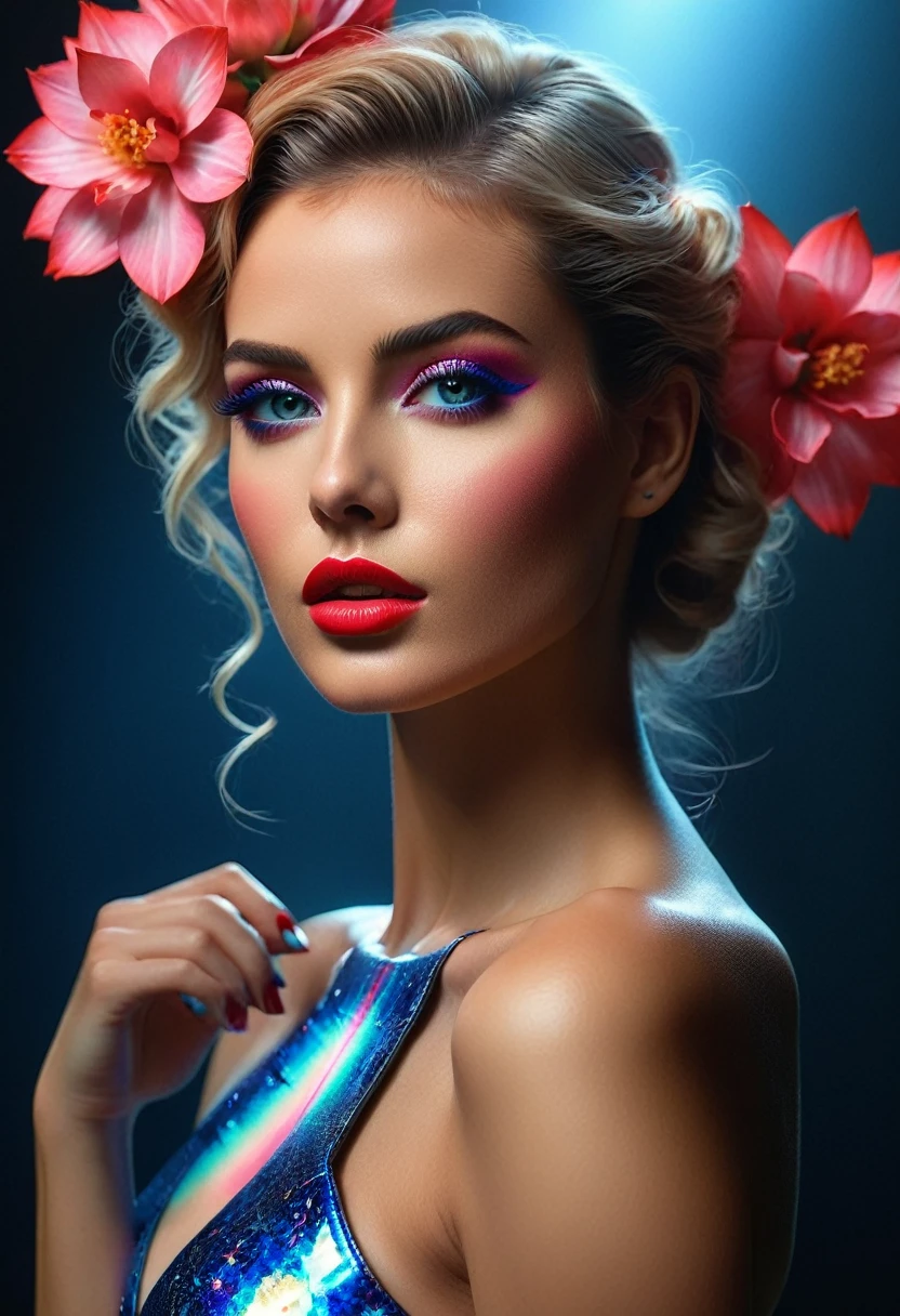 photorealistic Realism 8K, 16K Quality, fashion supermodel, (Glamour, paparazzi taking pictures of her), (ultra absurd quality, extremely detailed detail, hyper resolution, clear sharp focus, not blurry, (perfect round, Realistic brown eyes:1.25)), ((perfect dark_eyeshadows)), (super Detailed, beautiful little nose), (perfect composition), Depth of field, cinematic light, Lens flare, (extremely beautiful face, beautiful lips), pink_makeup:1.2, blue_eyeliner, red_lipstick:1.2,(perfect dark_eyeshadows), (Detailed nose:1.2), Intricate detail face, best high quality real texture skin, (A woman with velvety skin), ((best high quality real texture hair)), (short blonde hair, (wavy, combed up, behind the ear), extremely detailed)), photo of the most beautiful artwork in the world, professional majestic (photography by Steve McCurry), 8k uhd, dslr, soft lighting, high quality, Fujifilm XT3 sharp focus, f 5.6, dramatic, (Anatomically correct perfect proportions), ((perfect hands:1.2)), ((perfect female body:1.4)), cute girl, firm and full breasts, ((super beautiful cute sharp-face)), (light pale complexion), ((blue, red, pink, flower clusters: 1.44)), ((Beautiful girl with long legs and good style:1.2)), ((body shot to knees:1.3)),(dynamic pose:1.25),((Lively,Active,vivaciousness)),((no_Pantise)),(Erotic:1.33), (cowboy shot), break, ((printed flower clusters on her skin: 1.45)), ((iridescent holographic glowing flower clusters:1.4), intricate detailed:1.2), ((no clothes:1.3)),