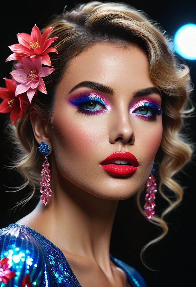 photorealistic Realism 8K, 16K Quality, fashion supermodel, (Glamour, paparazzi taking pictures of her), (ultra absurd quality, extremely detailed detail, hyper resolution, clear sharp focus, not blurry, (perfect round, Realistic brown eyes:1.25)), ((perfect dark_eyeshadows)), (super Detailed, beautiful little nose), (perfect composition), Depth of field, cinematic light, Lens flare, (extremely beautiful face, beautiful lips), pink_makeup:1.2, blue_eyeliner, red_lipstick:1.2,(perfect dark_eyeshadows), (Detailed nose:1.2), Intricate detail face, best high quality real texture skin, (A woman with velvety skin), ((best high quality real texture hair)), (short blonde hair, (wavy, combed up, behind the ear), extremely detailed)), photo of the most beautiful artwork in the world, professional majestic (photography by Steve McCurry), 8k uhd, dslr, soft lighting, high quality, Fujifilm XT3 sharp focus, f 5.6, dramatic, (Anatomically correct perfect proportions), ((perfect hands:1.2)), ((perfect female body:1.4)), cute girl, firm and full breasts, ((super beautiful cute sharp-face)), (light pale complexion), ((blue, red, pink, flower clusters: 1.44)), ((Beautiful girl with long legs and good style:1.2)), ((body shot to knees:1.3)),(dynamic pose:1.25),((Lively,Active,vivaciousness)),((no_Pantise)),(Erotic:1.33), (cowboy shot), break, ((printed flower clusters on her skin: 1.45)), ((iridescent holographic glowing flower clusters:1.4), intricate detailed:1.2), ((no clothes:1.3)),