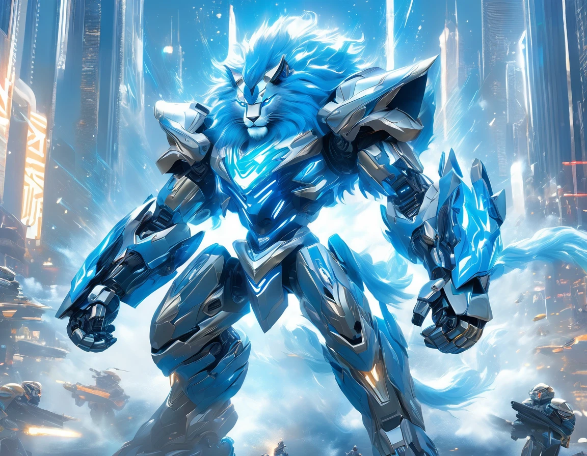 ((Masterpiece)), ((Best Quality)), (Very Detailed), ((Very Detailed)), 4K, (8K), very aesthetic, absurdres highres,Create an artwork of a shiny metal lion-shaped robot standing in an aerial perspective of a futuristic city. The robot is quadrupedal and equipped with state-of-the-art weapons and defense systems. Featuring a design highlighted with blue and silver LED lights, weapons include a laser gun, missile launcher, and energy shield. The pose shows combat readiness and emphasizes its quadrupedal capabilities.

