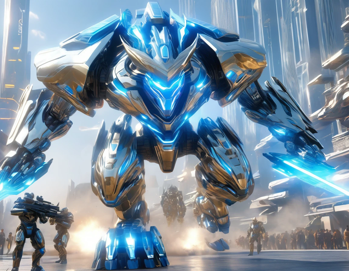 ((Masterpiece)), ((Best Quality)), (Very Detailed), ((Very Detailed)), 4K, (8K), very aesthetic, absurdres highres,Create an artwork of a shiny metal lion-shaped robot standing in an aerial perspective of a futuristic city. The robot is quadrupedal and equipped with state-of-the-art weapons and defense systems. Featuring a design highlighted with blue and silver LED lights, weapons include a laser gun, missile launcher, and energy shield. The pose shows combat readiness and emphasizes its quadrupedal capabilities.