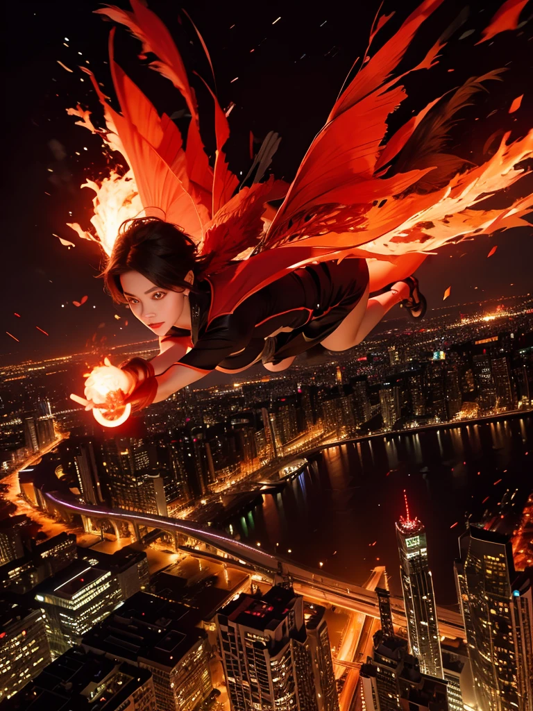 woman,lina, short hair, flying over city, fire, red glow