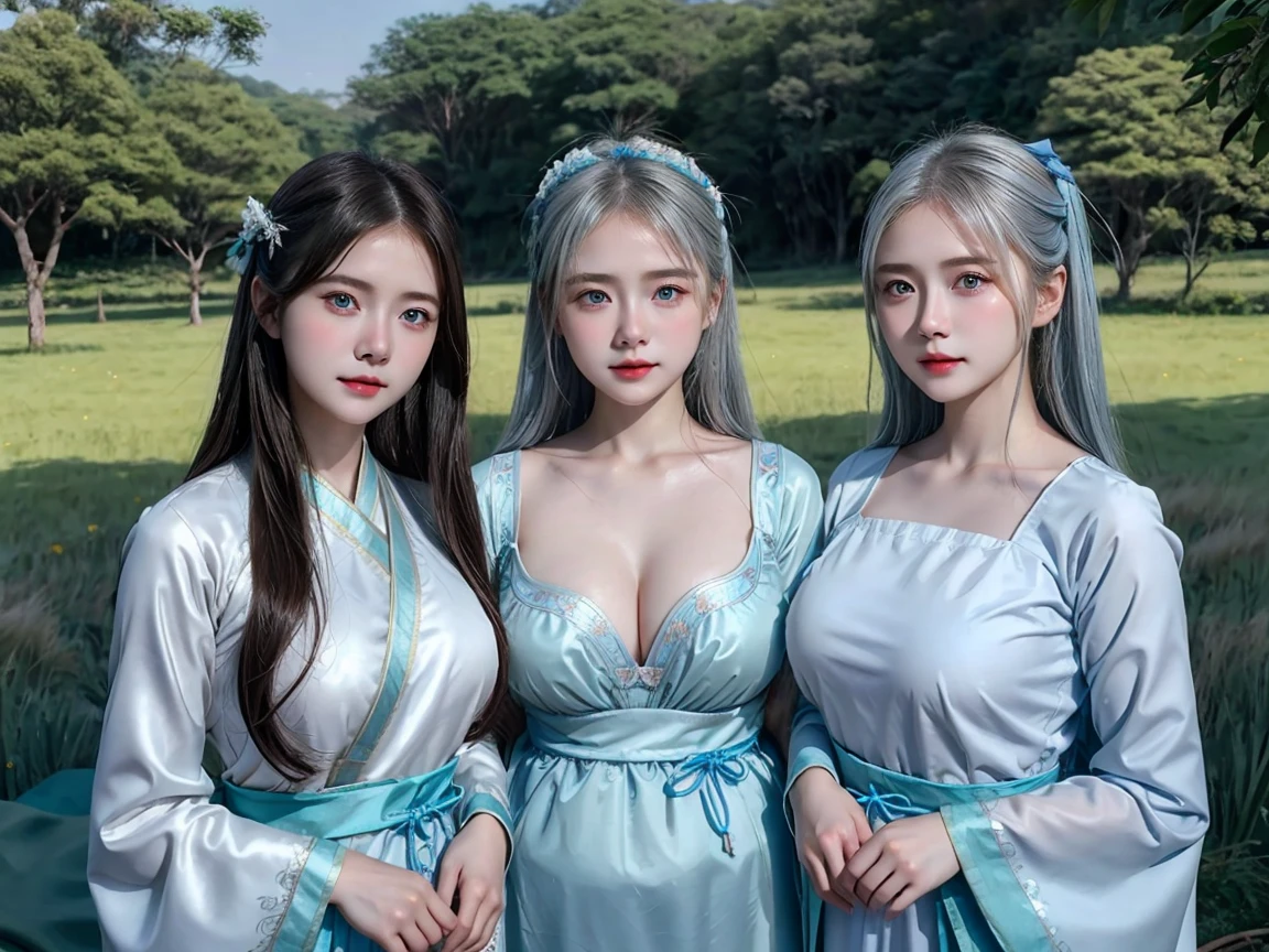 (3 girls), Indonesian , 12 years,kin, Round breast, blue eyes, meadow, silver hair, 8K, The details are very realistic...., The best of photography (Half-dressed in Chinese Hanfu, nipples naked, breasts erect.,Bare-chested ((big breasts)) ((Busty breasts))