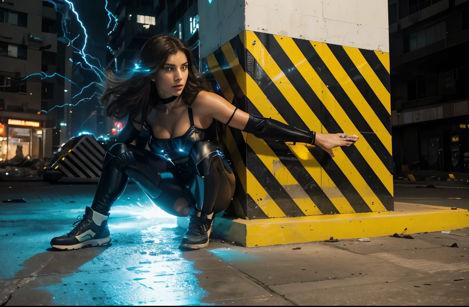 (Best quality, 8k, 32k, Masterpiece, UHD:1.2), "Transform the scene to a high-tech, futuristic cityscape where a powerful character stands at the center, emitting lightning, energy, and power. Picture a night filled with towering skyscrapers adorned with neon lights and holographic billboards. The sky glows with the electric hues of a bustling, advanced metropolis.
In the middle of this urban environment, the character stands as a beacon of raw energy. Bolts of lightning crackle and dance around her, illuminating her figure with flashes of blue and white light. Her eyes glow with an intense, otherworldly light, reflecting her immense power. Energy pulses from her body in waves, distorting the air and causing nearby electronic devices to flicker and spark.
The ground beneath her feet is scorched and cracked, showing the sheer intensity of her power. Surrounding buildings and vehicles vibrate slightly, affected by the energy she exudes. The atmosphere is charged, with the scent of ozone filling the air and the distant sound of electricity buzzing.
Capture the dynamic interplay of light and shadow as the energy she emits illuminates the scene. Highlight the contrast between the advanced, technological setting and the raw, elemental power of the character, creating a sense of awe and tension."