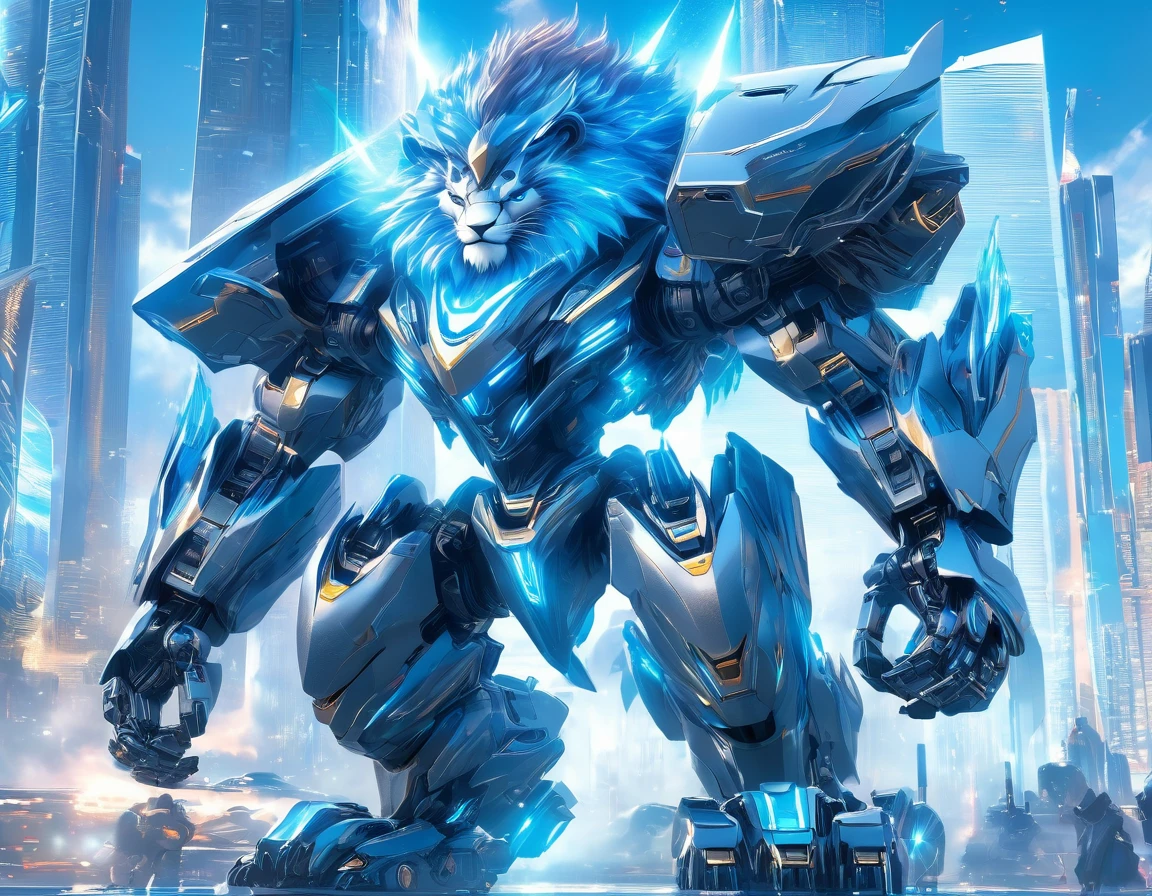 ((Masterpiece)), ((Best Quality)), (Very Detailed), ((Very Detailed)), 4K, (8K), very aesthetic, absurdres highres, Artwork of a shiny metal lion robot standing against a futuristic city background. The robot is quadrupedal and equipped with state-of-the-art weapons and defense systems. Featuring a design highlighted with blue and silver LED lights, weapons include a laser gun, missile launcher, and energy shield. The pose shows combat readiness and emphasizes its quadrupedal capabilities.