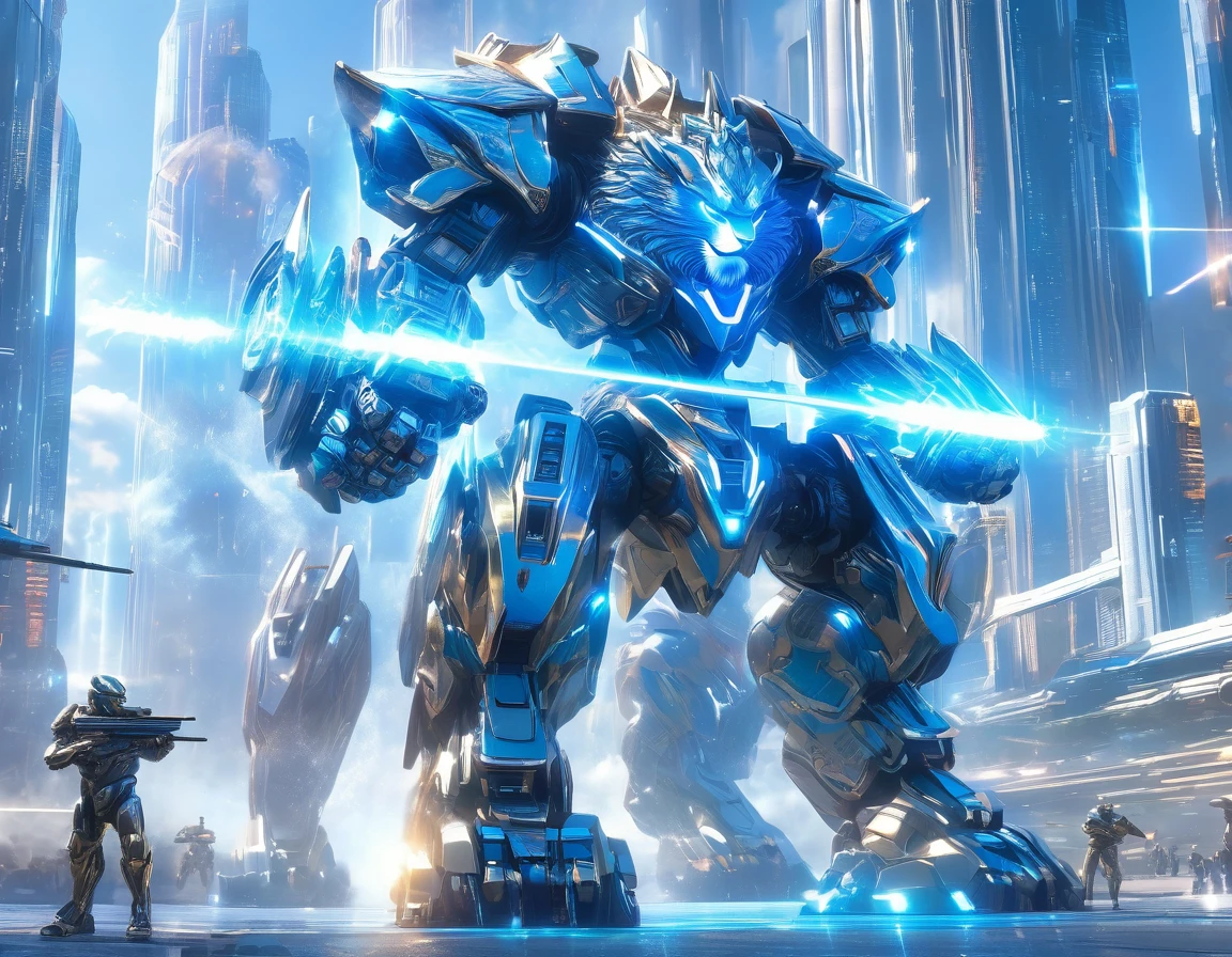 ((Masterpiece)), ((Best Quality)), (Very Detailed), ((Very Detailed)), 4K, (8K), very aesthetic, absurdres highres, Artwork of a shiny metal lion robot standing against a futuristic city background. The robot is quadrupedal and equipped with state-of-the-art weapons and defense systems. Featuring a design highlighted with blue and silver LED lights, weapons include a laser gun, missile launcher, and energy shield. The pose shows combat readiness and emphasizes its quadrupedal capabilities.