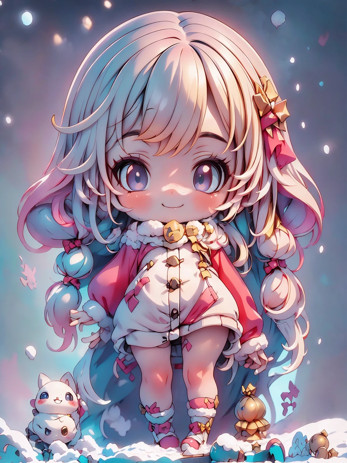 Anime:1.5, a smiling girl dressed in winter clothes, padded clothes and fur, full body, dynamic poses, it's snowing, snow on the groundultra detailed, 8k, high resolution, best quality, masterpiece, chibi, snake eyes, kawaii eyes, christmas , santa costume, red and white, cheerful expression, snow, winter, kawaii, cute, adorable, high quality rendering, detailed face, intricate details, sharp focus, realistic, photorealistic