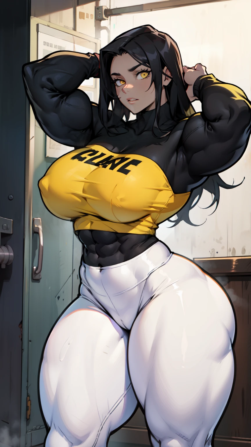 huge muscles breasts thick thick thick thick thick thick thick pale skin black hair yellow eyes depressed female tight shirt and leggings long sleeve