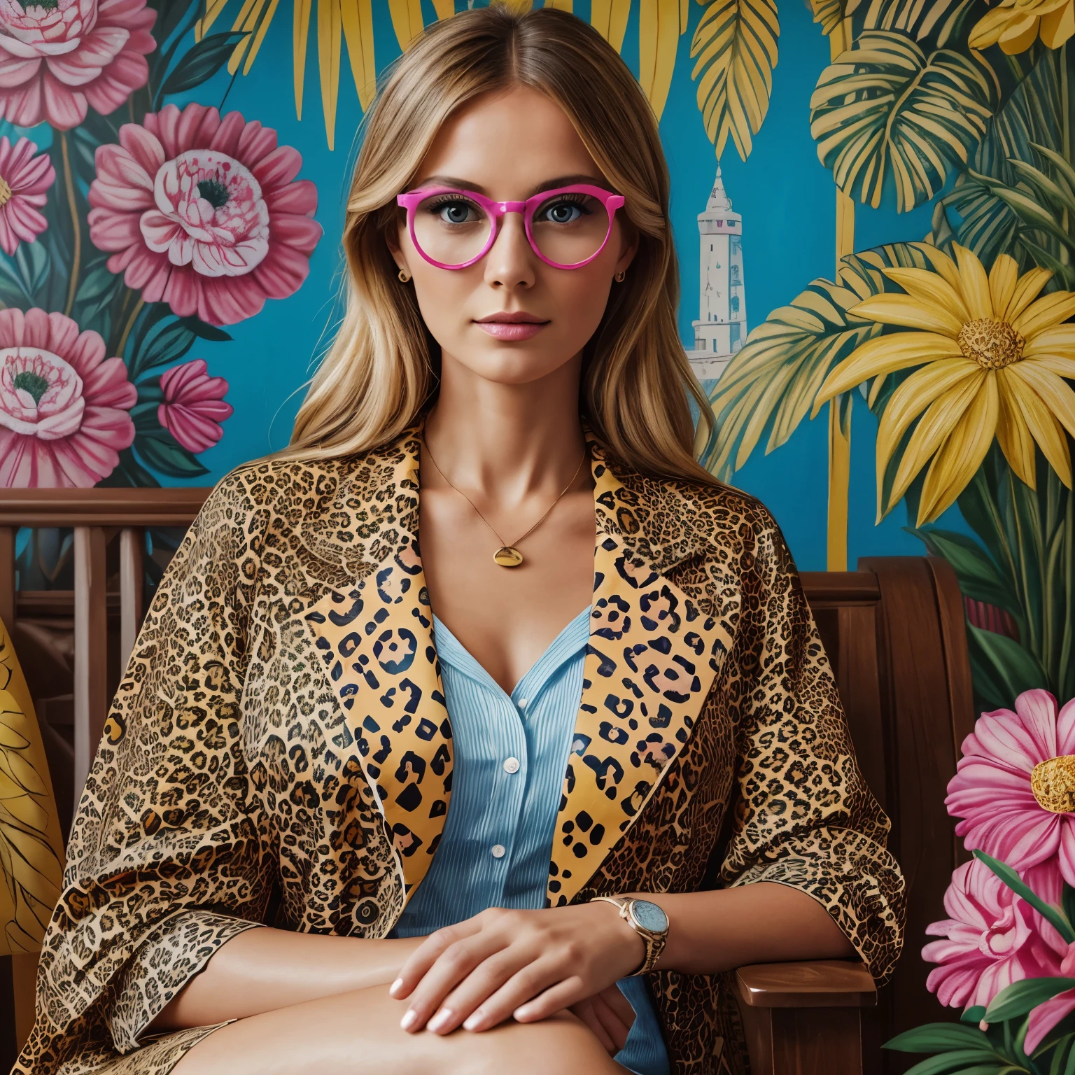 ((masterpiece, excellent quality, high precision drawing of details, 4K, high degree of detail)), a blonde woman of 30 years old, (a leopard beast is sitting next to her), a watercolor drawing of an elegant leopard in a bright floral jacket on a yellow background, double-breasted with wide lapels, with a fly pendant, a narrow striped shirt white and sky blue, round fuchsia maxi glasses, with a pop art painting by Annabel Kidston, winner of the behance competition, "naive art", "maximalism", "fauvism", "pop art".