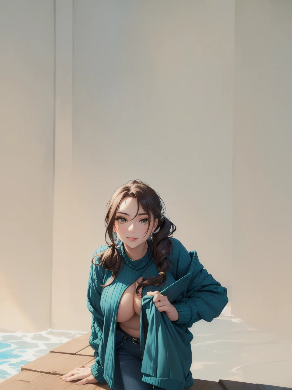 masterpiece, best quality, (1 solo mature woman with brown ponytail), large chest, curvy physique, aqua green eyes, full lips, seductive, smiling, (((wearing navy blue low open sweater))), (((tight jeans))) cleavage, sitting on bed, blushing, (wide hips), (big boobs) showing cleavage, blue sweater, solo, alone (((SOLO))), (((ALONE))),, (bedroom)