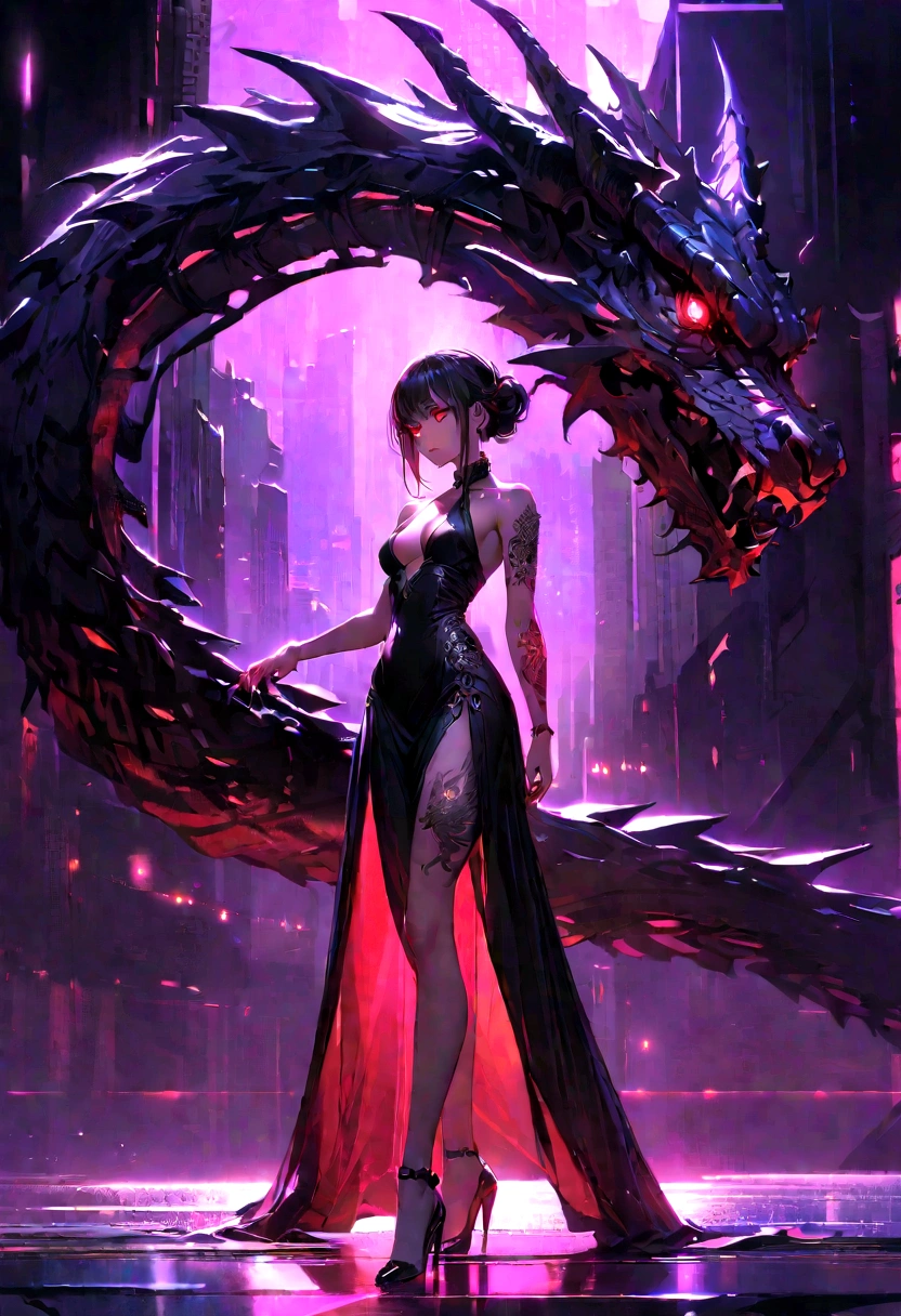 2 woman with a dragon tattoo on her arm standing in front of a purple background dragon art, cyberpunk art, fantasy art, glowing eyes, red eyes, high heels, sharp fingernails,
masterpiece, best quality, intricate details,