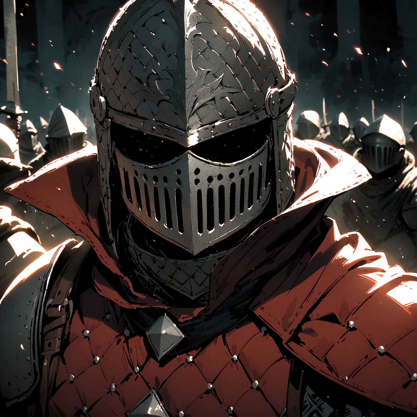 masterpiece), best quality, faceless, hidden face, soldier, full face mask, Dark Souls atmosphere. Dark Souls style, gambeson, hauberk, brown brigandine armor, a black full aketon cap with a flat top helm and mask, and a ragged red cloak. Male knight, weathered clothing, Dark souls knight, wearing a ragged red cape, upper body, portrait