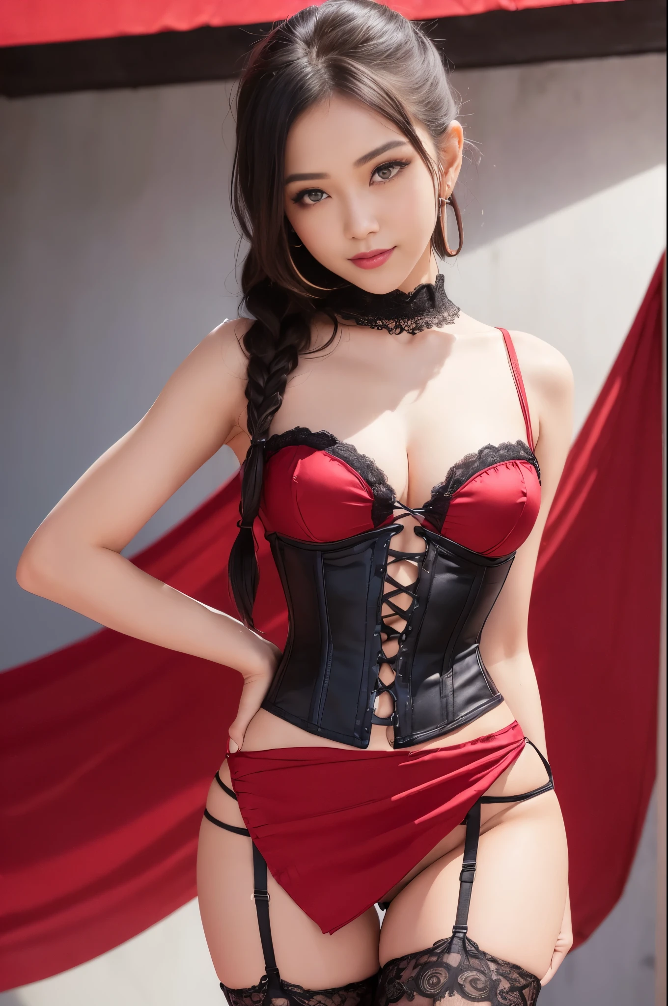((Photo from upper body to thigh: 1.4)), ((best soft studio lighting: 1.2)), (sexy Indonesian model: 1.3), photorealistic, ultra high resolution, closeup photo, (smiling face), long natural flowing hair, small breasts, black sparkling jewelry, (ultra detailed beautiful face), BREAK, clear sharp focus, perfect dark eyeshadow, vivid colors, (bright sunny beach club background: 1.3), bold lipstick, lip-gloss, wear an off-shoulder top, ultra detailed silk choker, full bodyesbian, ((Red-black pleated mini skirt)), (ultra detailed lace-up corset (lacy red or crimson) silked), ((Versace silked bustier top)), ((lace-up)), (sexy braided hold-up tights), (-pantise), blue eyeliner, (beautiful princess with long legs and good style)