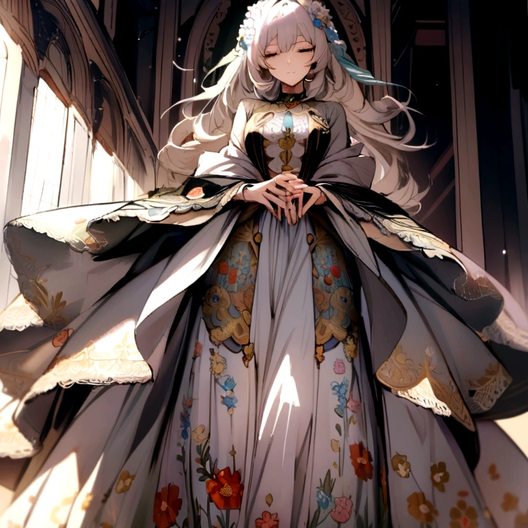beautiful woman wearing a floral skirt, details Intricate, glad