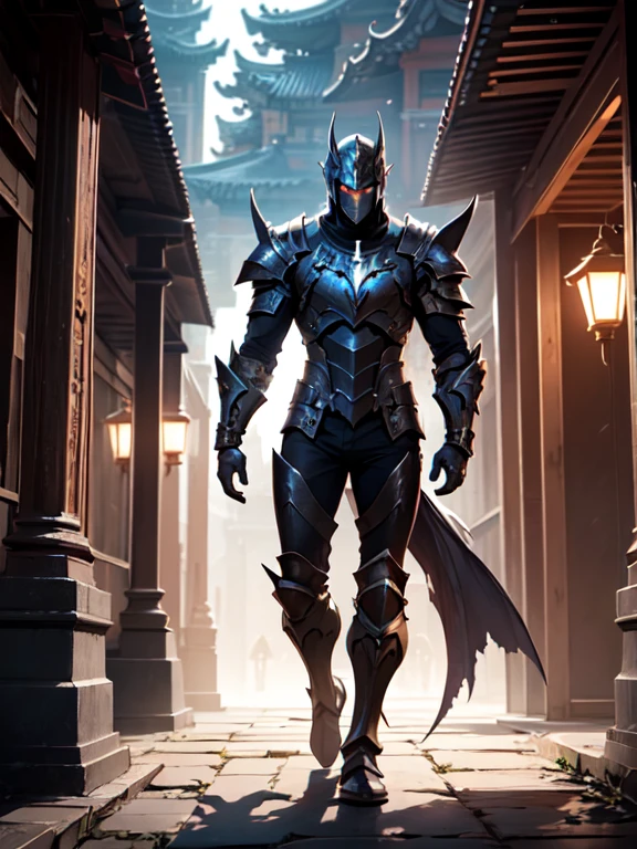 An epic dark paladin, (Alone), Full light armor, Black armor, Armor with perfectly embedded dragon eye, Standing, full body shot, in a temple in the background, Masterpiece, The best quality, high detail