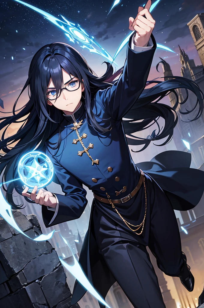 Man with glasses, magician with long black hair, dark blue eyes, wears blue with black magician clothes, young magician, intellectual, cold personality, medieval city background.