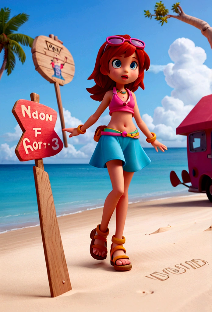 Girl cartoon character on the beach next to a sign writing cove character in 3d HD