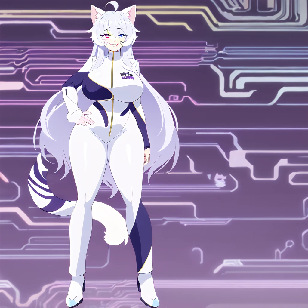 beautiful white neko, long white neko ears, white neko tail, anime style, purple eye, blue eye, big breasts, extremely detailed eyes and face, Wearing White and Purple Race Suit, white long hair, heterochromia, wide waist, mature woman, black small beauty mark under right eye, Full body, Smile, Wink, Purple Sound Waves