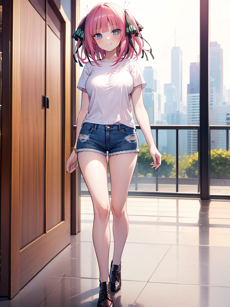 (8K, Highest quality, Highest quality, masterpiece), nn1, 1girl, hair ribbon, long hair, smile, denim hot shorts, mini shorts, big breasts