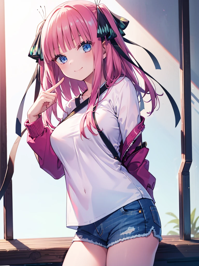 (8K, Highest quality, Highest quality, masterpiece), nn1, 1girl, hair ribbon, long hair, smile, denim hot shorts, mini shorts, big breasts