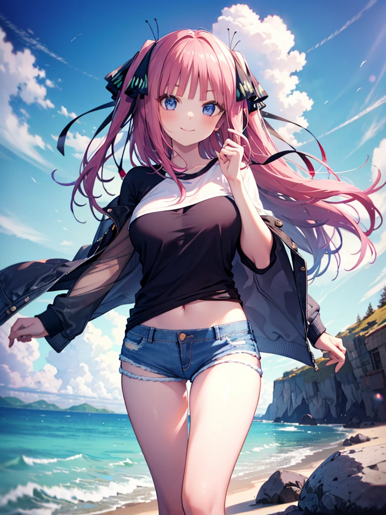 (8K, Highest quality, Highest quality, masterpiece), nn11girl, hair ribbon, long hair, smile, denim hot shorts, mini shorts, big breasts