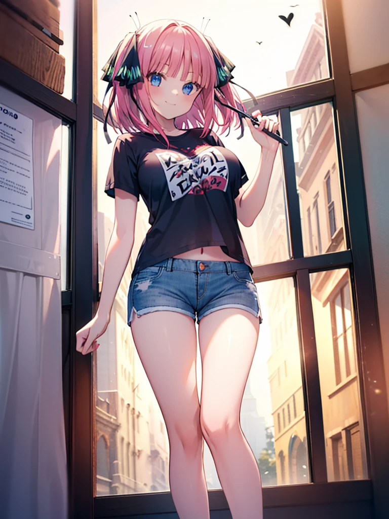 Masterpiece, high quality, best lighting, 1girl, nakano Nino, short hair, crop top, underboob, cowboy shot, ((mini short pants)), (perfect body), (((big thigh))), looking at viewer, standing, pool