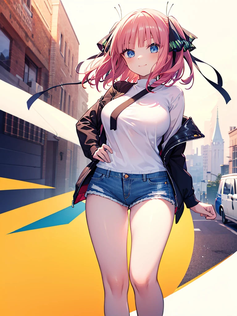 (8K, Highest quality, Highest quality, masterpiece), nn11girl, hair ribbon, long hair, smile, denim hot shorts, mini shorts, big breasts