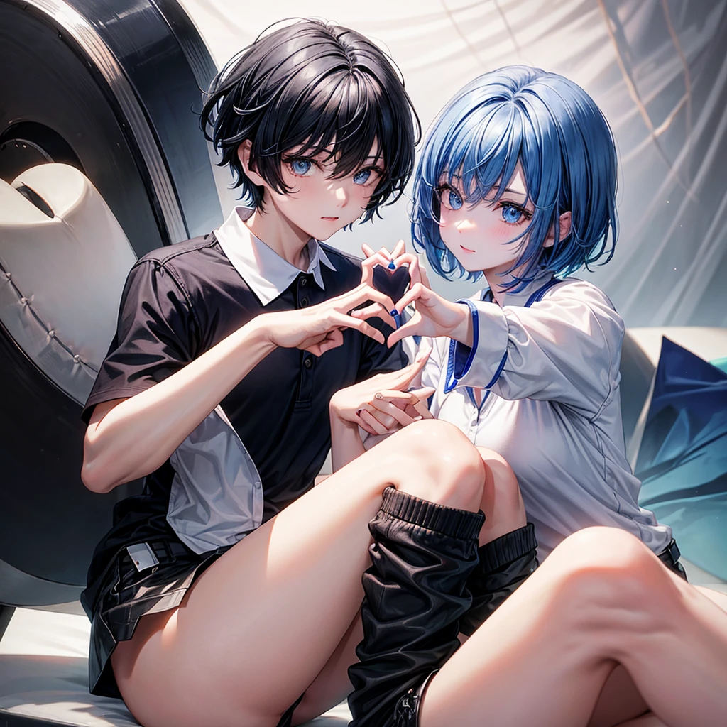 1 2d girl with short blue hair, with a black polo shirt and white skin color with his hands making a heart sign