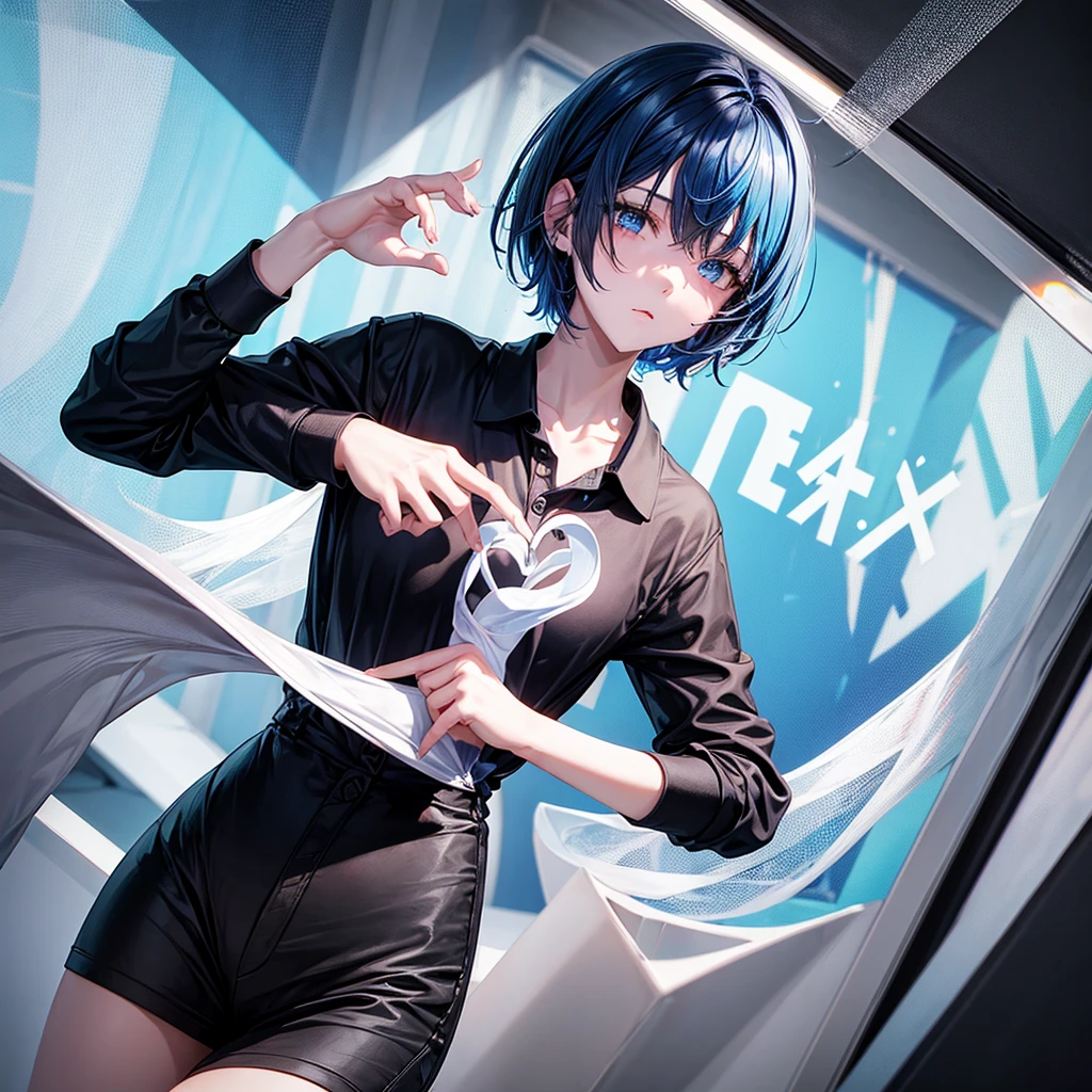 1 2d girl with short blue hair, with a black polo shirt and white skin color with his hands making a heart sign