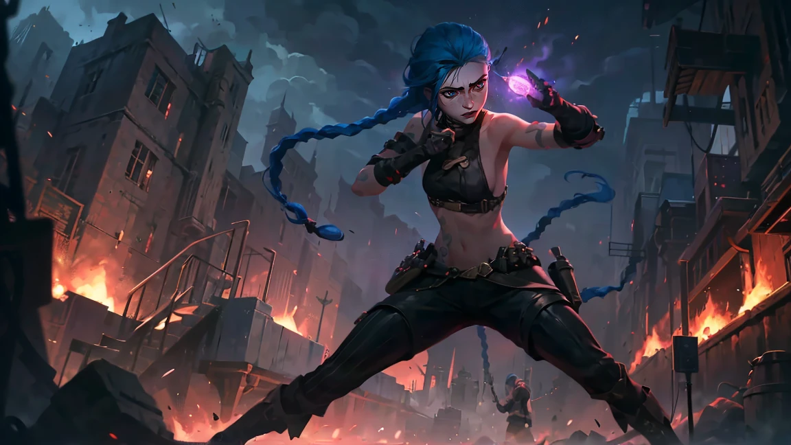 (masterpiece, Best quality), 1 girl, portrait, very sexy, crazy look, smile, crying, pink tears, tears on the cheeks, tears from eyes, full length (full body 1.1.), очень feminine, fighting stance, battle, fire, explosions, burning city, Beautiful waist, gloomy composition, flame, fire, Flash, very beautiful, feminine, long hair, hair braided in long braids, very sexy, tight leather pants, emphasis on the eyes, face accent, Beautiful face, Hands, Hair, Haired ponytail, red purple eyes, Джинкс crying, Blue cloud tattoo, (masterpiece, Best quality), Side lighting, beautiful detailed eyes, crazy face), (Best quality), (masterpiece), magic photography, Spectacular lighting, Photorealism, ultra detailed, интимная portraitная композиция, 1. 4,8 k UHD, aesthetic, Cd., A high resolution, 8 k, better lighting, Best shade, Ultra-HD, A high resolution, sharp focus, Complex background, Cinematic lighting, ((Landscape view)), 4K block, (better lighting), ((Cinematic lighting)),