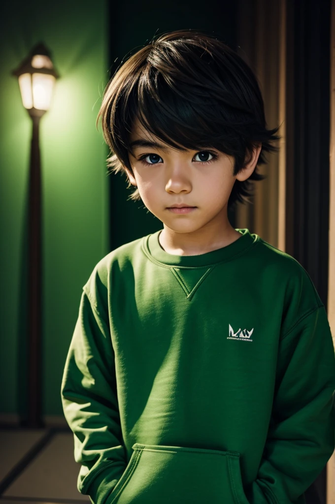 Anime boy with green sweatshirt in the dark