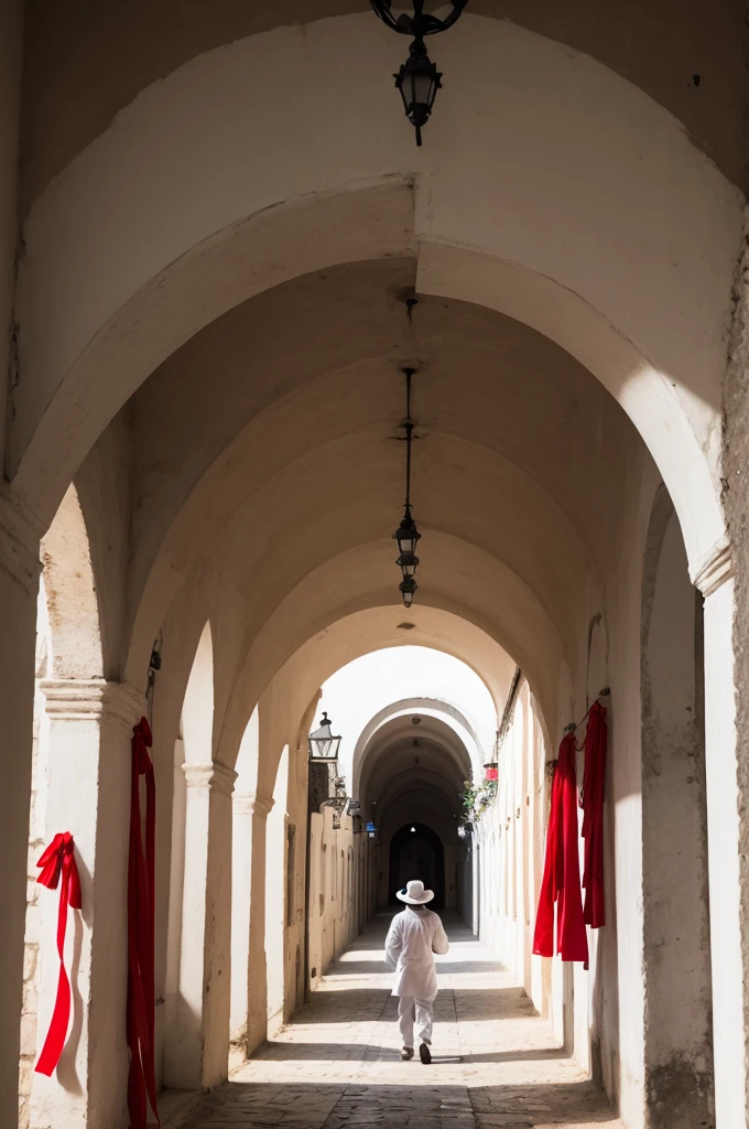 Black man in white hat with red ribbon, in the Lapa arches in Rio de
