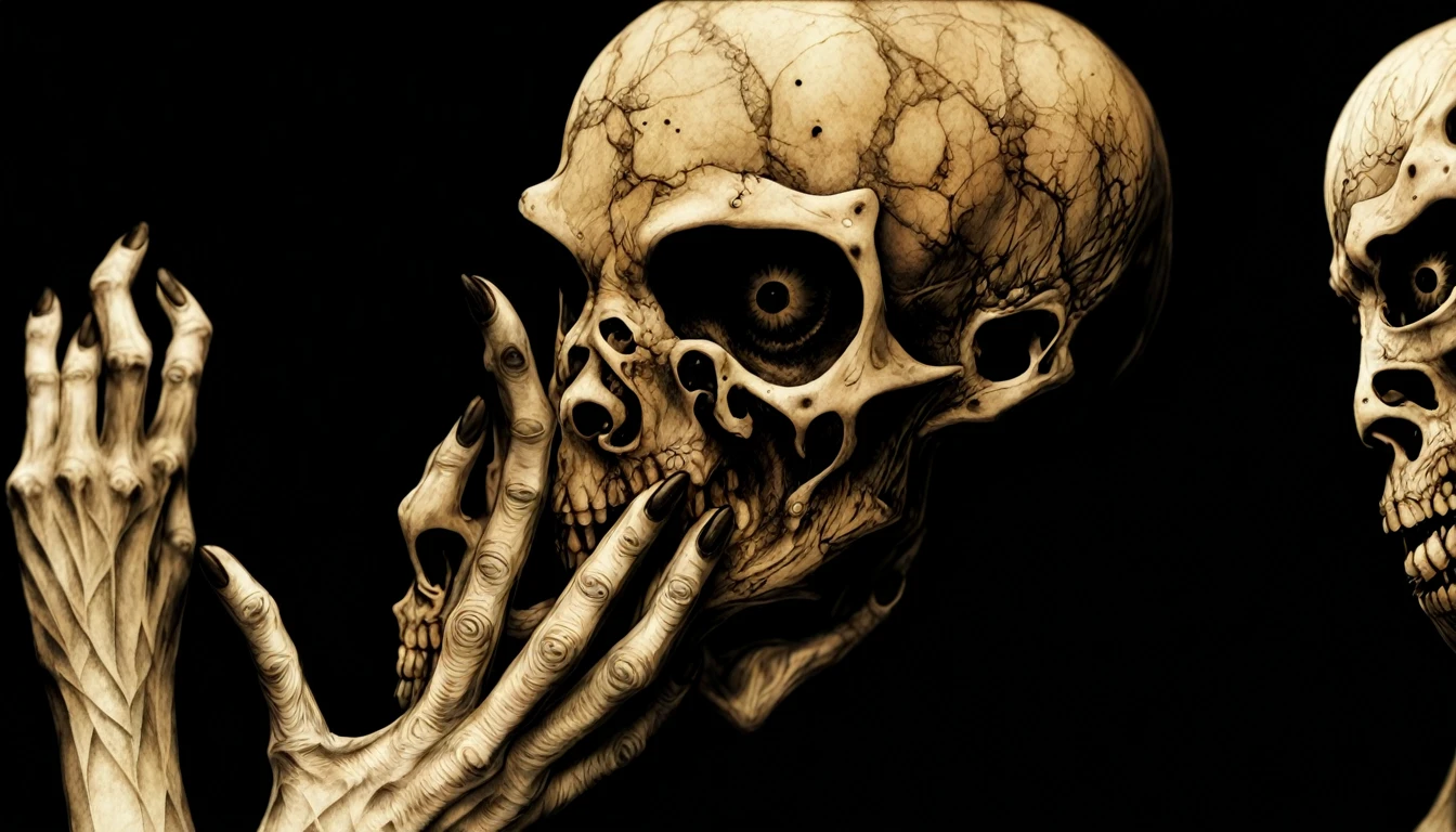Dave McKean Style - The CORINTHIAN Daemon character Dramatic dynamic portrait Dave McKean Art Style eerie atmosphere Grimdark gritty texture,, ((subtle hints of gore innew school Japanese ink in jinji ito style)), teeth in orbital sockets,,holding the skull of conjioned twins with a candle in it. 